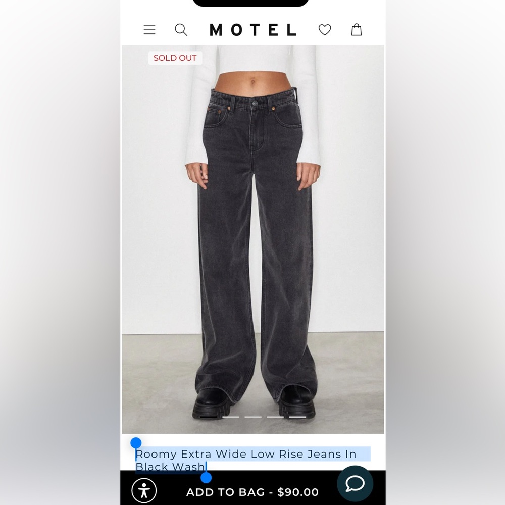 Motel Rocks Roomy Extra Wide Low Rise Jeans In Black Wash HEMMED